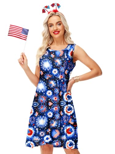 Image of Deerose 4th of July Dress for Women Sleeveless American Flag Patriotic Elastic High Waist Sundress
