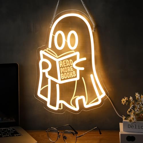 Image of Retisee Ghost Reading Book Lamp Reading Ghost Neon Sign LED Room Hanging Sign Book Neon Light for Bedroom Home Library Read Club Kids Room Store Lover Gifts