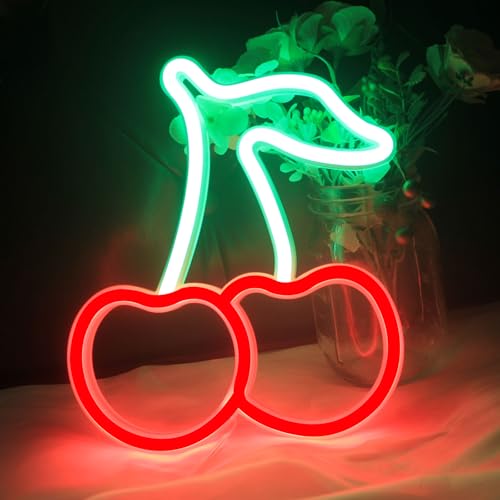 Image of Cherry Neon Sign Red Green Cherries Neon Lights Cute Fruits LED Signs for Kids Room Restaurant Bar Fruit Shop USB Battery Neon Signs for Wall Decor