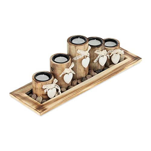 Relaxdays Porte-Bougies en lot avec Plateau et Pierres, 39,5 cm de Longueur, 5 bougeoirs, décoration Table Salon, Marron