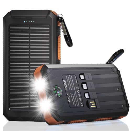 Image of Durecopow Solar Charger Power Bank 20,000mAh, Portable Charger, 4 Cables 3 Ports Fast Charging External Battery Pack with USB C for Cell Phones, Solar Panel Charger with Dual Flashlight for Camping