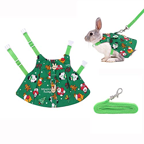 Image of Adjustable Christmas Rabbit Harness and Leash Set, Small Animal Christmas Costume Bunny Clothes Santa Snowman Pattern Outfit for Ferret Guinea Pig Rabbit Bunny Hamster(Green /M)