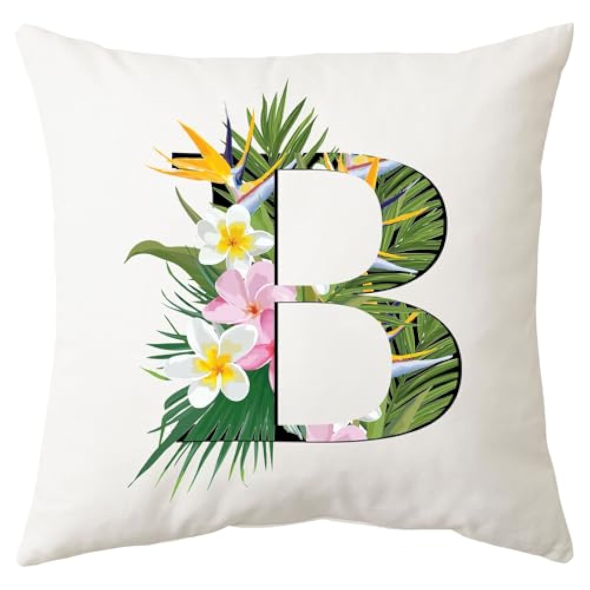 Decorative Letter Alphabet Throw Pillow with Floral Design and Keychain, White (Square B)