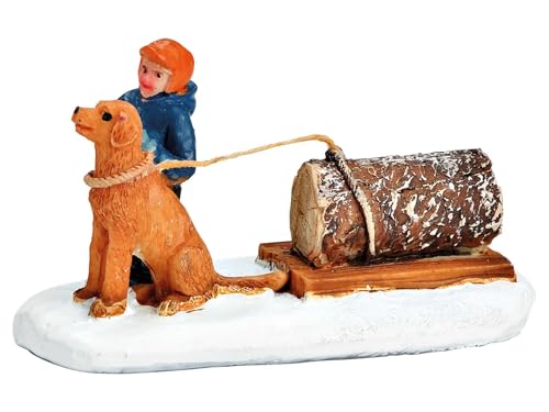 Kind mit Baumstamm ziehenden Hund aus Poly Miniatur Winterwelt...