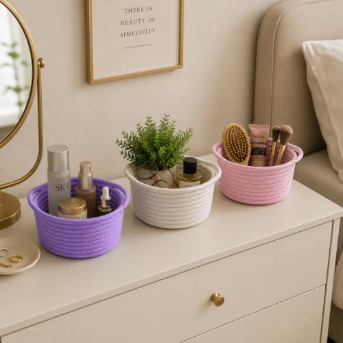 Image of Small Woven Basket Decorative Round Baskets for Gifts, 3-Pack Pink | Small Baskets with Handle, Cotton Rope Baskets for Organizing, Cute Mini Boho Round Storage Basket Bin, Empty Gift Basket