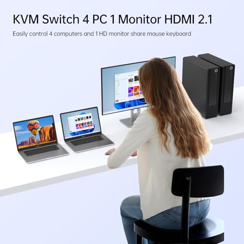 Image of KCEVE USB 3.0 KVM Switch 4 Computers 1 Monitor HDMI 8K@60Hz, 4K@144Hz, KVM Switch 4 Port for 4 Computer Share Keyboard Mouse, Power Adapter, Wired Remote(8K HDMI 4 in 1 Out KVM)