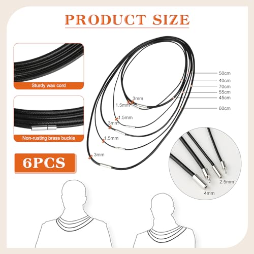 Xishoyen 6 Stück Lederband für Kette, 1.5/3mm Kunstleder Lederband mit Verschluss, Lederbänder für Ketten, Lederhalsband Damen, Schwarz Leder Halskette für Männer Herren (40/45/50/55/60/70cm - 6er)