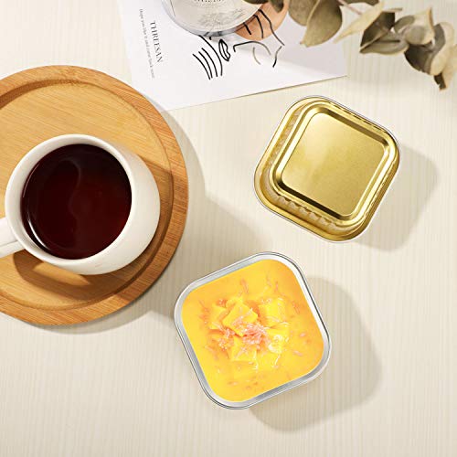 Eusoar Square Baking Cups Aluminum Foil, 5Oz 50Pcs Disposable Ramekins Reusable Cupcake Cups With Lids, 150Ml Muffin Liners, Desserts Flans, Custard Cake Pudding Jello Cups, Catering Party Favor-Gold #TOP5
