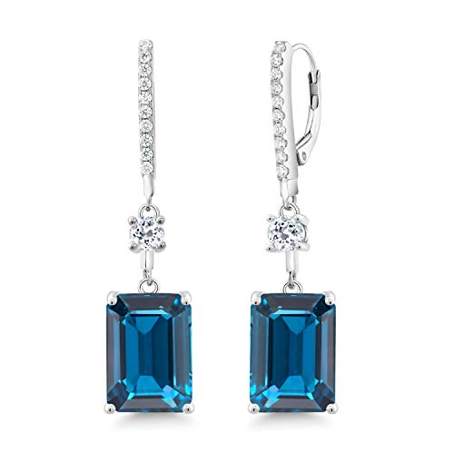 Gem Stone King 925 Sterling Silver London Blue Topaz and White Topaz Dangle Earrings For Women (19.96 Cttw, Gemstone Birthstone, Emerald Cut 14X10MM)