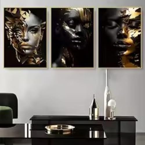 XINBAO - Carteles de arte de belleza africana radiante dorada, pintura sobre lienzo, retrato de mujer moderna, arte de pared para decoración de salón, 21 x 30 cm, sin marco