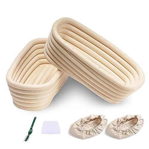 WlP Cestino Ovale per Pane da 2 Pezzi, Contiene 250 G di Cesto per Lievito Naturale in Rattan Naturale con Fodera in Lino E Raschietto per Pasta per Panettieri Er Panettieri Domestici Professionisti