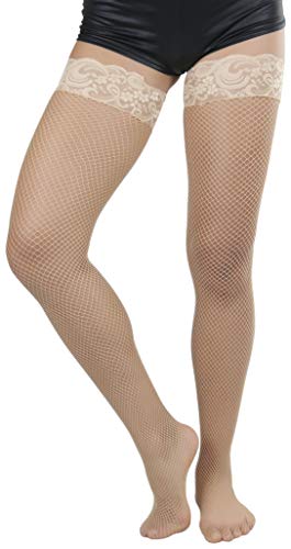 Image of ToBeInStyle Women's Wide Floral Lace Fishnet Thigh Hi Stockings