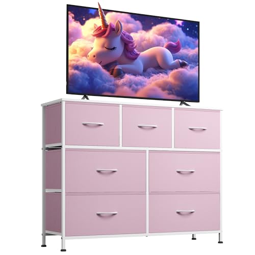 WLIVE 7 Drawer Dresser TV Stand Entertainment Center Media Console Table with Metal Frame and Wood Top for TV up to 45 inch Chest of Drawers for Bedroom Living Room A-Pink