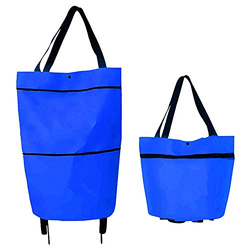 Trolley Folding Shopping Bag Collapsible Two-Stage Zipper Folding Shopping Bags 2 In 1 Foldable Shopping Portable Cart With Wheels Lightweight Storage Bag for Shopping Fruits Vegetables (Blue)
