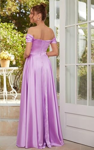 PEIYJYUSP Off Shoulder Satin Bridesmaid Dresses for Women Corset Prom Dress Long Ruched A Line Formal Gown with Slit4