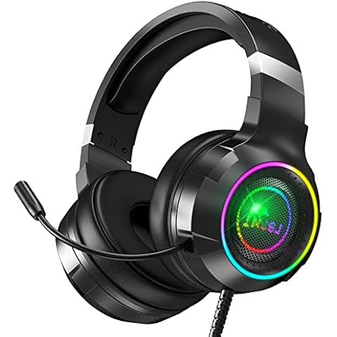 NJSJ Gaming Headset with Microphone for PC Xbox One PS4 PS5 Noise Cancelling Over Ear Headphones with Stereo Surround Sound, Soft Memory Earmuffs, RGB Light, 3.5mm Audio Jack Cover