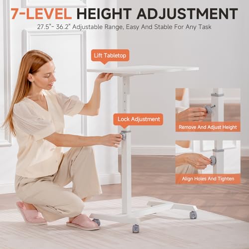 Image of GTPLAYER Small Standing Desk, 24 Inches Mobile Rolling Laptop PC Table with Lockable Casters, Adjustable Height Overbed Bedside Table Computer Workstation for Home Office, White-Fixed