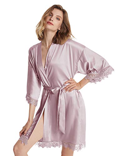 AW BRIDAL Kimono Damen Bademantel Braut Bademantel Damen Kurz für Junggesellenabschied Frauen, Lila Nebel S Cover
