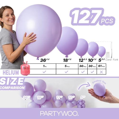 Image of PartyWoo Lavender Balloons 127pcs Different Sizes Pack of 36 18 12 10 5 Inch Light Pastel Purple Lilac Balloon Arch Kit for Baby Shower Bachelorette Birthday Princess Party Decorations Purple-Q10