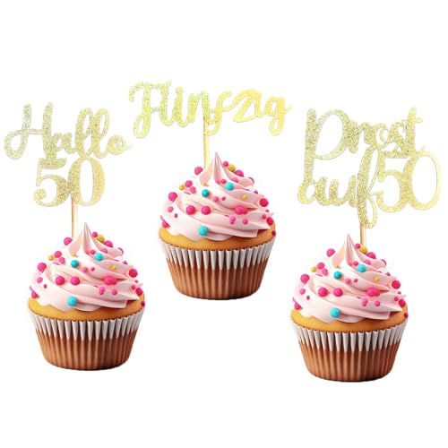 LOINFE Cupcake Topper, 24 Stück Geburtstag Tortendeko, Cake Topper Geburtstag, 50. Gold Kuchentopper für Hochzeit Geburtstag Party Kuchen Dekorationen