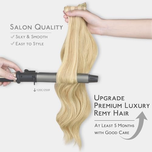 Image of WENNALIFE Invisi Edge Clip in Hair Extensions Real Human Hair, 14 Inch 130g 9pcs Light Blonde Highlighted Golden Blonde Seamless Clip in Extensions Remy Hair Clip Ins Invisible PU Skin Weft Straight