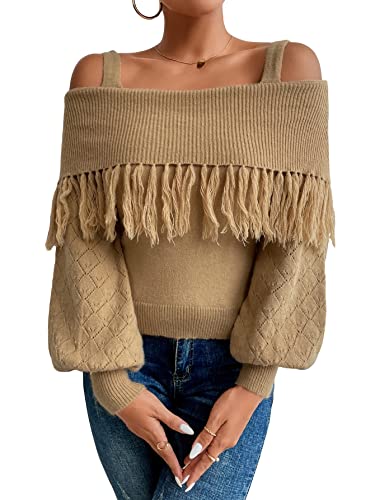 Wdirara Women's Off Shoulder Fringe Trim Long Lantern Sleeve Solid Sweater Tops Camel M #TOP18