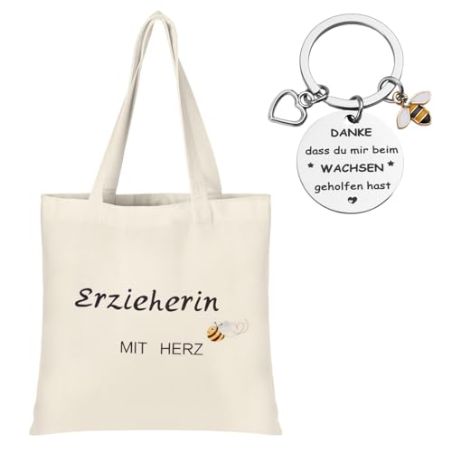 Erzieherin Geschenk Stofftasche mit Schlüsselanhänger, Abschiedsgeschenk Erzieherin Erzieher Geschenke mit Herz Lehrerin, Dankeschön Geschenke mit Herz Weihnachtsgeschenke Danke Geschenk für Frauen