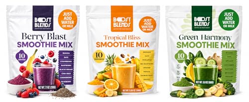 Smoothie Variety Pack - 30 Instant Breakfast Smoothies – 3 Delicious Flavors - 100% Real Fruits - Healthy On the Go Nutrition