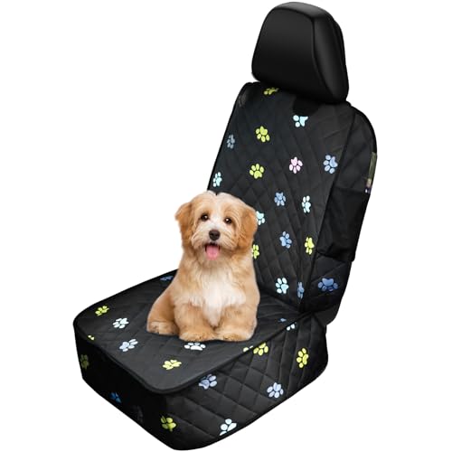 Riakrum Front Seat Dog Cover for Cars Trucks SUV Waterproof Scratchproof Nonslip Full Protection Pet Dog Car Seat Covers Cute Paw Print Front Passenger Chair Protector for Travel Bed Safety(Black)