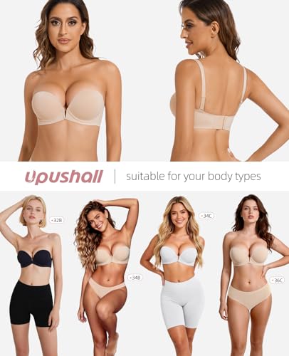 Image of Upushall Strapless Bra Push Up Non Slip Deep V Plunge Bras for Women | Underwire, Super Padded, Add 1 Cup