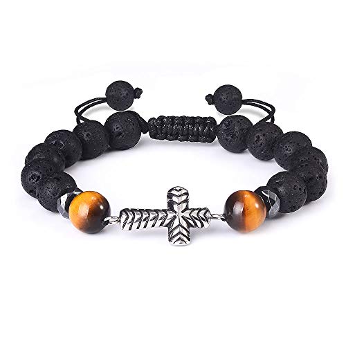 Jeka Lava Rock Bracelet Women Cross Bracelet for Men Black Beaded Anxiety Aromatherapy Essential Oil Diffuser 10mm Natural Stone Yoga Beads Healing Adjustable Bracelets Gift