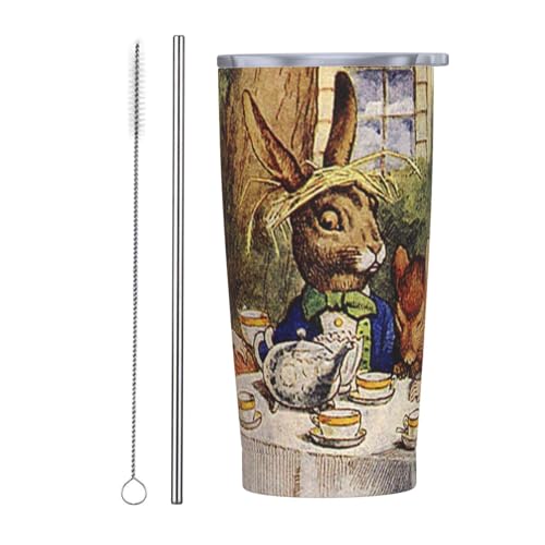 不思議の国のアリス アニメ ストロー&ストローブラシ付き マグカップ コーヒーカップ 600ml コンビニカップ タンブラー ステンレス製 保冷 保温 車用 蓋付き 持ち運び 水筒 大容量 直飲み キャラクター 人気 プレゼント