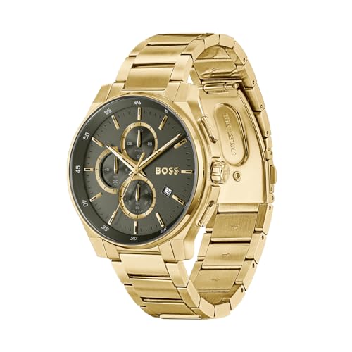 Image of BOSS Peak 2.0 Qtz Chrono Olive Green Round Dial Men's Watch|Ionic Plated Thin Gold Steel Material|Gold Color Band - 1514190