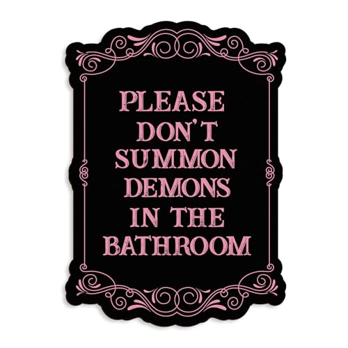 Gothic Bathroom Wall Decor Wooden Sign, Pink Witchy Funny Bathroom Art, “Please Do Not Summon Demons in the Bathroom” Humor Wall Hanging, Horror Vintage Decor, 7 x 10 Inch