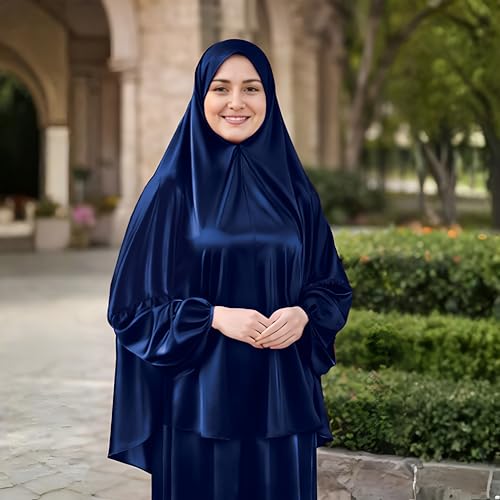 طقم صلاة ساتان للنساء من سوفت سبوت - طقم اسدال من قطعتين (تنورة ووشاح خمار) - ملابس مسلمة ناعمة حريرية - بدلة نماز - مقاس واحد - عباية صلاة بتغطية كاملة مع حقيبة حمل - كحلي