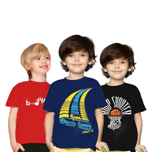 Image of Yazh Texworld Boys Round Neck Blended Cotton T-Shirts | Regular Fit | Half Sleeve | Casual Wear | Trendy | Combo Pack of 3 | Multicolor | Soft, Durable, and Stylish for Everyday use