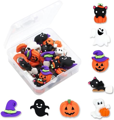 Halloween Decorative Push Pins, 32 Pcs Cute Pumpkin Ghost Black Cat Witch Hat Thumb Tacks for Wall Photo Map Pins School Office Decorations