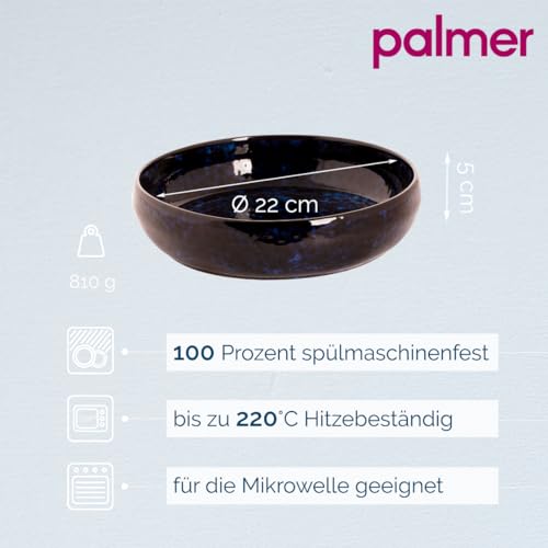 palmer Bama Blue grosse tiefe Teller - 2er-Set - Steinzeug - Ø 22 cm - blau schwarz hochglanz - für Pasta, Suppe oder als Servierteller - stapelbar, spülmaschinenfest