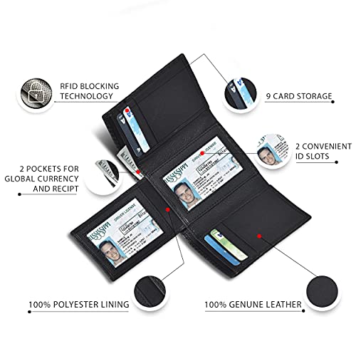 Image of Clifton Heritage RFID Leather Trifold Wallets for Men - Handmade Slim Mens Wallet Credit Card Holder with ID Window (Small, Black Carbon Fibre Texture)