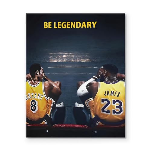 Kobe Bryant and LeBron James Canvas Wall Art Decor – “Be Legendary” Basketball Duo Poster Print, Yellow Jersey Inspirational Sports Artwork for Home Office Bedroom or Game Room Decoration 16x20 in