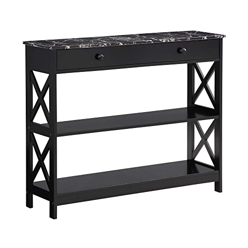 Image of Convenience Concepts Oxford 1 Drawer Console Table with Shelves, Black Faux Marble /Black