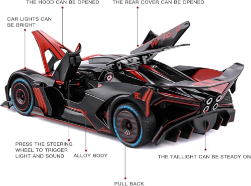 Image of 1:24 Bugatti Bolide Diecast Car Toy, Alloy Pull Back Model with Lights and Music, Realistic Toy Vehicle for Kids, Boys, Girls, Perfect Birthday (Red)