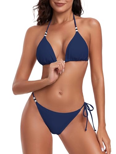 RELLECIGA Women's Triangle Two Piece Swimsuit Bead Halter Bikini Sets String Bathing Suits