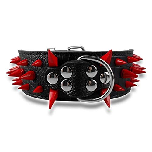 2" Wide Sharp Spiked Studded Leather Dog Collars Pitbull Bulldog Big Dog Collar Adjustable for Medium Large Dogs Boxer S M L XL Black Red Spike M
