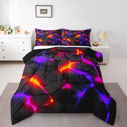 Image of Feelyou Kids Honeycomb Duvet Insert King Size, Purple Black Hexagonal Bedding Set Geometrical Comforter Set Boys Girls Teens Bedroom Decor Bed Set 3Pcs