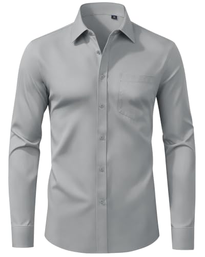 Image of siliteelon Mens Shirts Long Sleeve Stretch Grey Business Wrinkle Free Regular Fit Formal Dress Shirt Wedding Party with Pocket Shirts XL