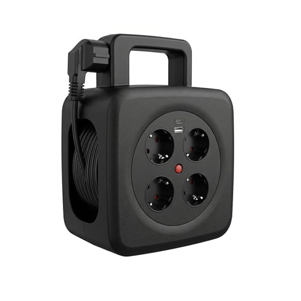 Carrete de cable 15 m con USB 20 W, certificado TÜV GS, interruptor térmico | 4 enchufes Schuko, manivela plegable para el hogar y camping al aire libre, rollo de cable de 16 A