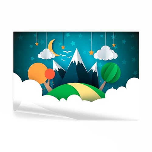 decomonkey - Papier Peint Panoramique Enfants 350x256 cm - Décoration murale – Tapisserie pour salon - Nuages pour les enfants arbres montagnes étoiles lune ciel paysage enfant d'âge préscolaire