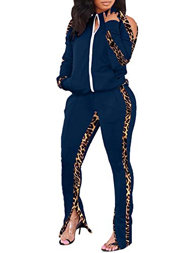 2 Piece Sportswear Sets for Women Vocation 2 Piece Outfits Leopard Tracksuit L Navy Blue