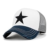 Picture of ililily Premium Star Embroidery Cotton Trucker Hat Distressed Baseball Cap (US, Alpha, X-Large, White/Navy)